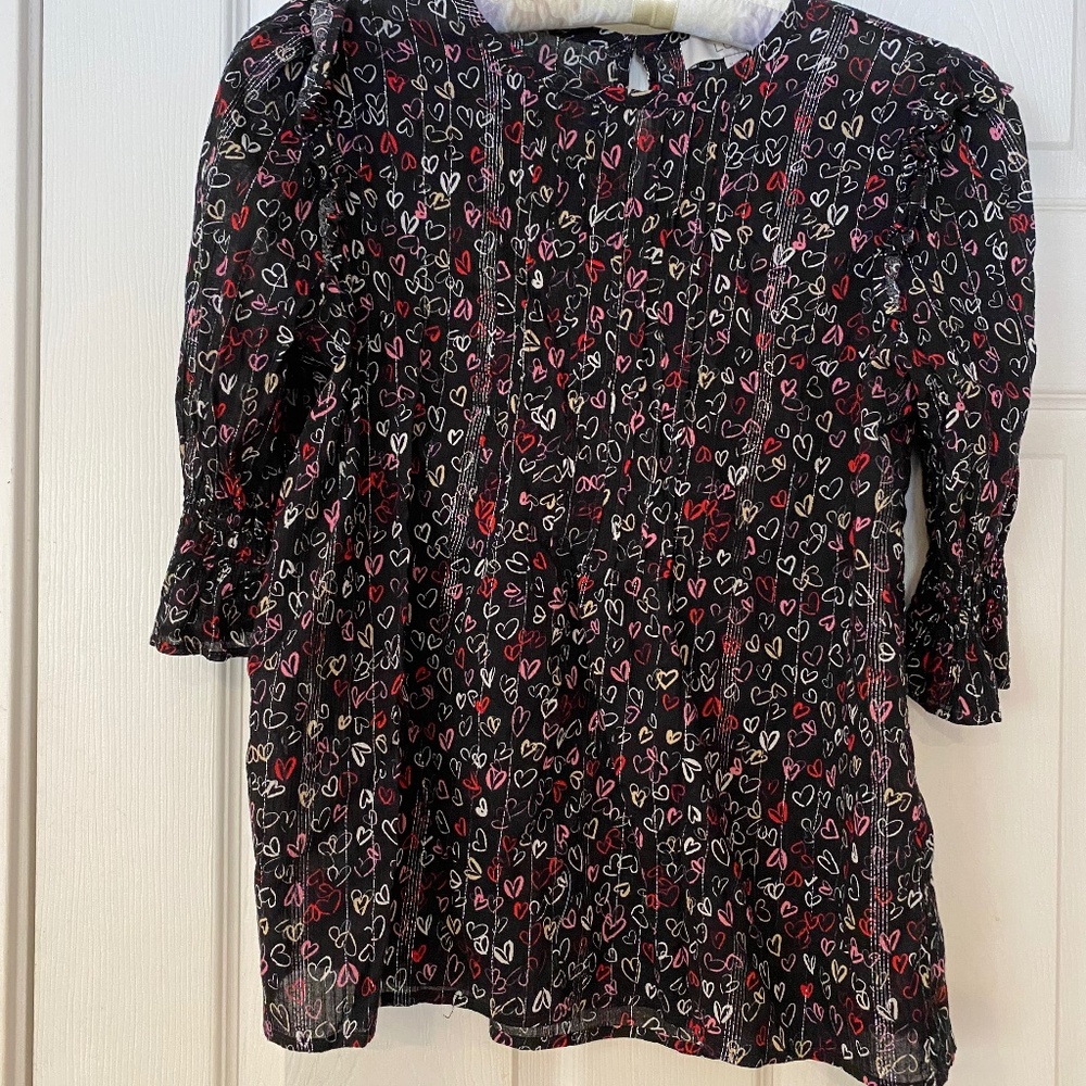 LOFT Medium Valentine’s Day Black 3/4 Sleeve Blouse with Metallic Silver Thread
